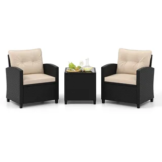 FANTASK 3-TLG Balkonmöbel Set mit mit Kissen, Gartenmöbel Set aus Rattan inkl. 2 Stühlen und Glas Tisch, Terrassenmöbel Sitzgruppe Lounge Set für Balkon, Terrasse und Garten, Beige