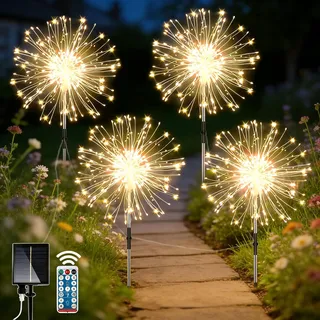 yowin Solarlampen für Außen Garten 4 x 120 LED Solarleuchten Gartenstecker mit Fernbedienung, 2 Lade Methoden, Wasserdicht Pusteblume Solar Gartenleuchten Feuerwerkslichter für Balkon Terrasse Deko