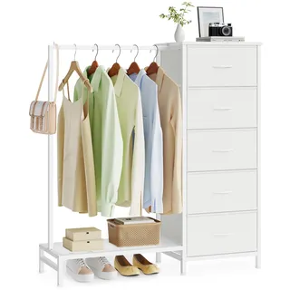 SONGMICS Kommode mit 5 Stoff Schubladen und Kleiderstange, Garderobenständer mit Kleiderstange und Schuhablage, 96,2 x 30 x 117,7 cm, für Schlafzimmer, Flur, Wolkenweiß LGS423W101