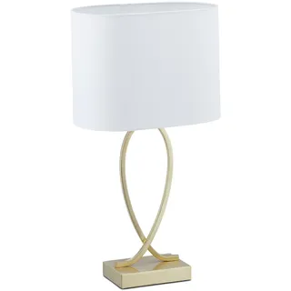 Relaxdays Tischlampe, Nachttischlampe mit Stoffschirm, HxBxT: 51 x 28 x 18 cm, E27, Tischleuchte Wohnzimmer, gold/weiß