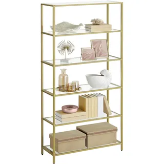 VASAGLE Badregal mit 6 Ablagen, gehärtetes Glas, einfache Montage für Badezimmer, Wohnzimmer, Küche, Büro, Klar Metallic Gold LGT503A01