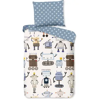 Muller Textil Babybettwäsche GOOD MORNING "Robo", blau, B/L: 100cm x 135cm, 1 Stk., 1 Stk., Renforcé, B/L: 60cm x 40cm, 2 Stk., Renforcé, Obermaterial: 100% Baumwolle, Bettwäsche, Baumwolle, Reißverschluss, Wendeoptik, Baby, Junge, Roboter, Weiß blau