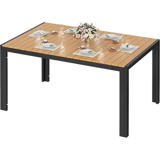 Gartentisch - Outdoor-Esstisch - 140x90x75 cm - Aluminiumgestell - WPC-Tischplatte - Wetterfest - Für 8 Personen - Schwarze Beine, Teak