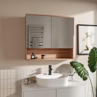 HAJDUK FURNITURE Eiche Sonoma 78x70 cm Spiegelschrank Bad mit 2 Spiegeltüren und Ablage Badschrank mit Grifflose Öffnung - Braun