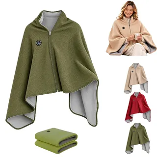 AHXHA Heizdecke mit Akku, USB Heizdecke Umhang, 150x80cm Wärmedecke Elektrisch, Beheizte Poncho mit Reißverschluss, 3 Heizstufen, Tragbare Decke zum Tragen für Zuhause, Büro und Reisen,03-Olivgrün