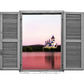 Queence "Schloss", Wandsticker, Wandbild, selbstklebend, 3D, Fenster,