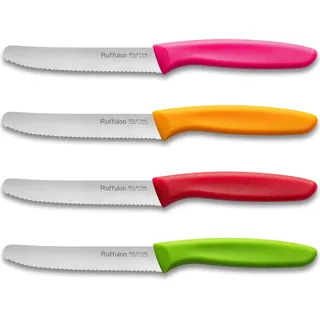 Ruffulon Tafelmesser 4 Stück, Tomatenmessermit Wellenschliff,Messerset Scharfe,Mehrfarbig Messer Set,Kunststoffgriff Frühstücksmesser,Brotmesser Klein,Rostfreier Stahl,Bunte Jausenmesser