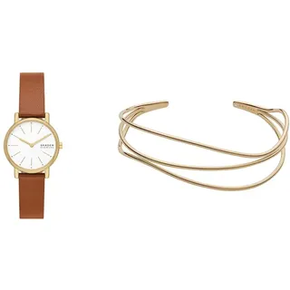 Skagen Damen Signatur Lille Braune Lederuhr und Kariana Goldfarbener Edelstahl Armband, Set