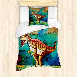 ABAKUHAUS Dinosaurier Mantele, Bunte Velociraptor, Milbensicher Allergiker geeignet mit Kissenbezügen, 135 cm x 200 cm - 80 x 80 cm, Mehrfarbig