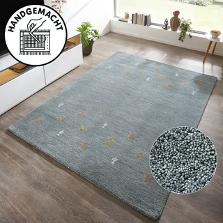 THEKO Wollteppich "Gabbeh Motiv, Handgefertigt, Teppich, Tiermotiv, reine Wolle" rechteckig 14 mm Höhe reine Wolle, Wohnzimmer, Schlafzimmer, Esszimmer, hellblau, grau