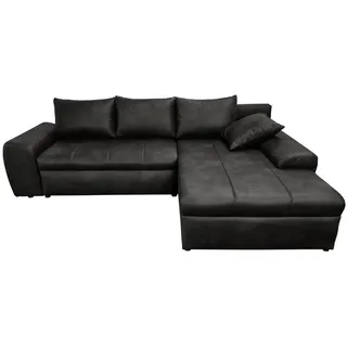 luma-home Ecksofa mit Schlaffunktion, Bettkasten, Wellenunterfederung, Ottomane rechts B266/T186/H90 cm, Mikrofaser Leder-Optik Vintage Schwarz / 18013 , Textil , Füllung: Polyurethan (Pur) , Eckteil,L-Form , 266x186 cm , Wohnzimmer, Sofas & Couches, Wohnlandschaften, Ecksofas