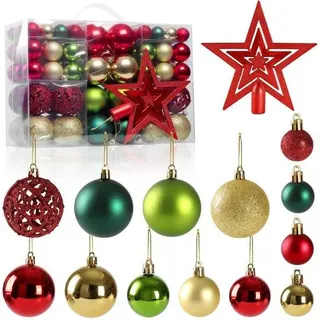 Unyqoos® 101-teiliges Weihnachtskugel-Set – unzerbrechliche Kunststoffkugeln mit Baumspitze, glänzend/matt/glitzernd, mit Aufhängekordeln – für Innen & Außen - Gold, Rot, Grün
