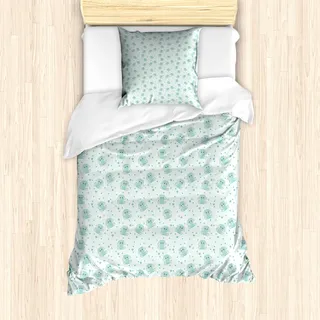 ABAKUHAUS Elefant Mantele, Baby Charaktere Daisy, Milbensicher Allergiker geeignet mit Kissenbezügen, 135 cm x 200 cm - 80 x 80 cm, Mint Grün Weiß