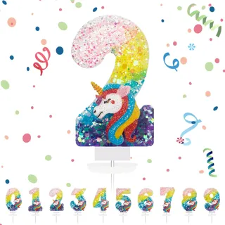 Geburtstagskerzen Zahlen 2,3D Regenbogen Einhorn Geburtstagskerzen,Kerzen Geburtstag Zahl 2, Kuchen Topper Dekoration Kuchendeko Geburtstag, Geburtstagskerzen für Geburtstagsdeko Mädchen Jungen