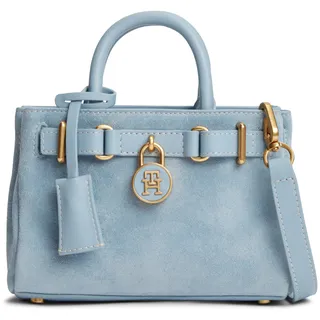 Tragetasche TOMMY HILFIGER "AMERICAN ICON MICRO TOTE SUEDE", Damen, Gr. B/H/T: 18cm x 13cm x 9cm, hellblau, Veloursleder, used, Taschen Tragetasche, Damen Handtasche, Minibag mit Bändern und Schloss-Schmuckelement