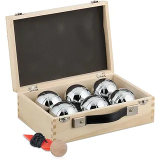 Relaxdays Boule Kugeln, 6 Stahlkugeln, Set mit Zielkugel, Abstandsmesser & Holzkoffer, Boccia Spiel, 72 mm, Natur/Silber