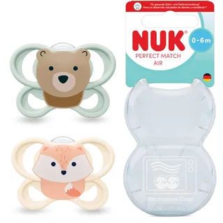 NUK Perfect Match Air Baby Schnuller | 0-6 Monate | Orthodontische Schnuller, die Luftzirkulation fördern & Speichel-Ausschlag verhindern | 95% Baby-Akzeptanz** | Fuchs/Bär | 2 Stück