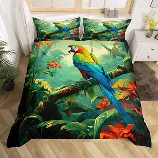 Homewish Bettbezug 140 x 200 cm, 3D-Papagei mit 1 Kissenbezug, Bettwäsche, tropischer Dschungel, Bettbezug-Set, buntes Vogel, Tagesdecke, Palmblätter, Wildtiere