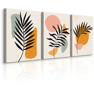 Muralo Leinwandbilder 3-er Set Blätter Boho , Rot, Grün, Schwarz, Weiß, Rosa, Beige, Braun, Orange , Textil , Baum/Pflanze/Natur, Abstrakt, Kunstzeichnung , Rechteckig , 90x40 cm , Bilder & Rahmen, Bilder