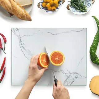 Kitchenville Glasschneidebrett 40×30 cm – Hygienisches Schneidebrett aus gehärtetem Glas – Hitzebeständig, Kratzfest & Rutschfest – Glasplatte für die Küche – Weiße Marmoroptik