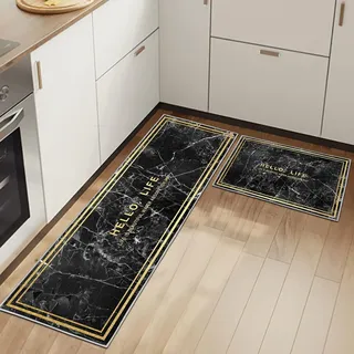 Küchenteppiche Rutschfestes Küchenmatten 2 Stück, Waschbar Küche Bodenmatte Küchenmatten Set Mit Schiebeaufkleber,Komfort Pflegeleicht Für Küche Staubdicht Fußmatte (43x75+43x150cm, Schwarz Marmor)