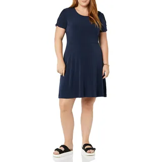 Amazon Essentials Damen Gerafftes A-Linien-Kleid mit kurzen Ärmeln und Rundhalsausschnitt (in Übergröße erhältlich), Marineblau, S