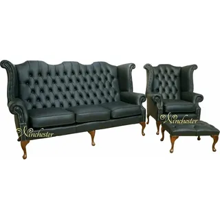 Schwarze Chesterfield Ledersofa Couch Polster Garnitur 3+1 Sitzer Ohrensessel - Schwarz