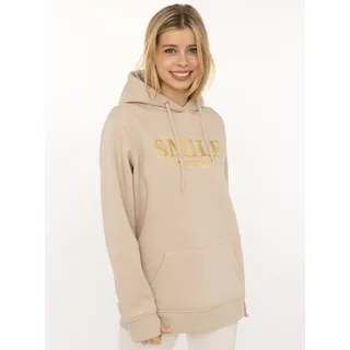 Hoodie ZWILLINGSHERZ "Smile Sparkle", Damen, Gr. S/M, hellbeige, Sweatware, Obermaterial: 50% Baumwolle, 50% Polyester, Sweatshirts Hoodie, glänzender Print, Fronttasche, Kapuze, Daumenloch