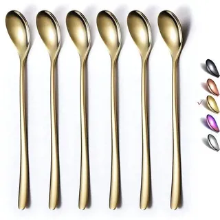 Unyqoos® 6-teiliges Kaffeelöffel-Set aus Edelstahl, goldtitanium-beschichtet – langstielig, rostfrei, spülmaschinengeeignet für Kaffee, Tee & Cocktails - Gold
