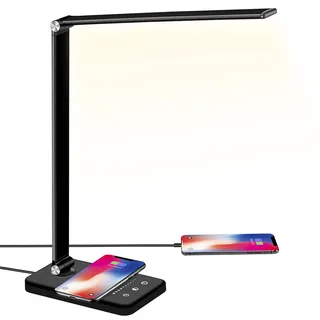 BIENSER Schreibtischlampe LED mit 10W Wireless Charging, USB Ladefunktion, Bürolampe Tischlampe mit 10 Helligkeits X 5 Farbstufen, Augenschonende, Dimmbar, Sensible Kontrolle, 30/60 min Auto Timer