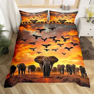 Homewish Elefant Tier Bettwäsche Set 135x200,Wilde Safari Thema Bettdecke für Kinder Jugend Erwachsene,Afrikanische Elefanten Druck Bettbezug,Ästhetische Natur Landschaft Bett Sets