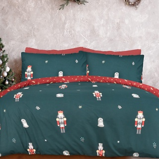 Sleepdown Weihnachts-Bettwäsche-Set mit Nussknacker, Grünwein, wendbar, Kissenbezügen, weiche, Pflegeleichte Bettwäsche – Doppelbett (200 cm x 200 cm), 5056557512638