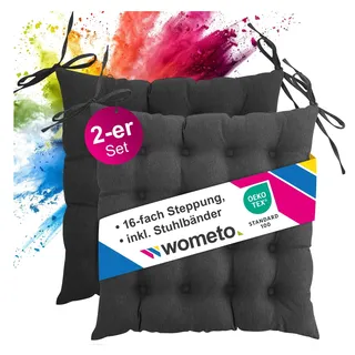 wometo 2er Set Sitzkissen 40x40 Oeko-TEX mit Bändern/Schleifen dunkelgrau | gesteppte Sitzpolster / Stuhlkissen mit Steppung für Indoor und Outdoor, drinnen und draußen nutzbar, im Doppelpack