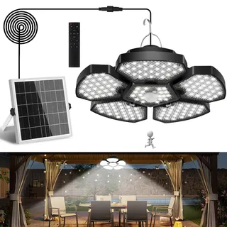 NATPOW Solar Hängeleuchte mit Bewegungsmelder, 6000K Hängelampe Outdoor mit Fernbedienung 5M Kabel, Terrassezusammenklappbar Solar Pendelleuchte, IP65 Wasserdichte für Haus Hof Garage
