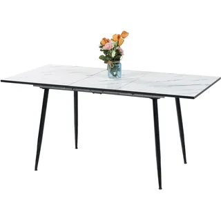 39F FURNITURE DREAM Real Marble Extendable Dining Table Black Metal Legs with Gold Details, White, 120-160x80x75 cm