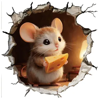 fufuquare 3D Karikatur Maus Loch Wandtattoo Abziehen und Aufkleben, Entzückender Käse stehlen Ratten mit Ecklichtern Wandaufkleber für Kinderzimmer, Wohnzimmer, Schlafzimmer