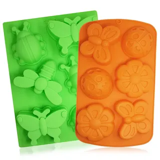 Senhai Silikonschalen mit 6 Mulden, 3D-Libelle, Schmetterling, Marienkäfer, Kuchen, Backformen, zum Selbermachen von Seife, Muffins, Pralinen, Plätzchen, etc., Orange, Grün, 2 Stück