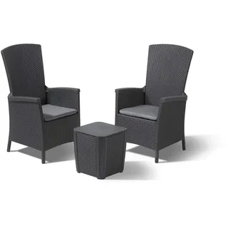 Allibert by Keter Balkonmöbel Set Vermont & Luzon flat wicker (set of 3), graphit/cool grey, 3tlg., inkl. Sitzkissen, verstellbare Rückenlehne, Kunststoff, flache Rattanoptik
