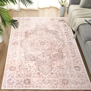 TUKDAK Vintage Teppich Wohnzimmer 120x180cm, Waschbarer Teppich Schlafzimmer, Boho Kurzflor Esszimmer Orientalischer Teppiche, Weich rutschfest Teppiche für Küche Kinderzimmer, Rosa