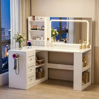 L-förmiger Eck-Schminktisch mit LED-Beleuchtung, Steckdose und USB, 7 Schubladen, Föhnhalter, Weiß, 112 cm