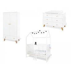 Babyzimmer Möbel Set Kinderzimmer 'Hilda & Pan' extrabreit, mit Hausbett, Wickelkommode und Schrank, weiß