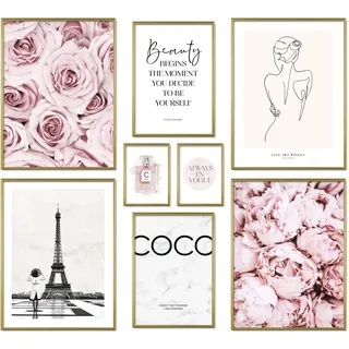 ARTFAVES® Poster Set - COCO ROSE - mehrteilige Wanddeko Wohnzimmer & Schlafzimmer - 8 moderne Wandbilder Rose, Fashion, rosa, Glamour, Blumen, Paris - ohne Bilderrahmen
