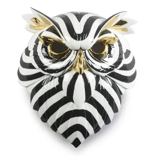 Casa Padrino Luxus Porzellan Deko Maske Eule Schwarz / Weiß / Gold 32 x 14 x H. 35 cm - Moderne handgefertigte Wanddeko - Erstklassische Qualität -  Spain - Schwarz, Weiß, Gold