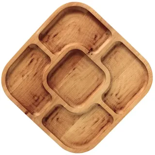 4BIG.fun 28x28cm Servierplatte aus natürlichem Holz mit 5 geteilten Fächern, Servierteller von Vorspeisen, Käse und Snacks, Holzplatte Cheeseboard für Fleisch und Käse, Käseplatte, Cheese Board