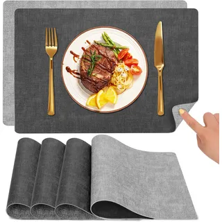 Myir JUN Tischsets Abwaschbar und Untersetzer, Platzsets Abwaschbar Doppelseitigen Platzdeckchen Kunstleder rutschfest Tischset Lederoptik für Speisetisch (Dunkelgrau/Hellgrau, 4er Set)