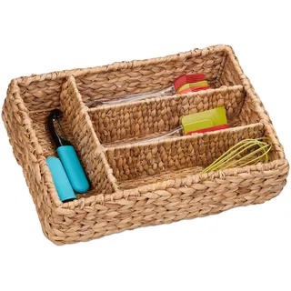 Relaxdays Besteckkasten mit 4 Fächern, Schubladen Ordnungssystem, HxBxT: 10,5 x 42 x 29 cm, aus Wasserhyazinthe, Natur