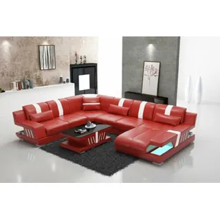 Sofa U Form Ledersofa Design Modern Couch - Rot, Weiß