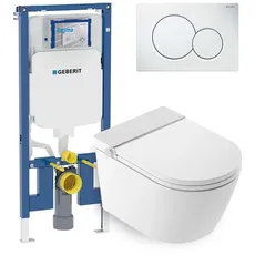 Mizubath - Rada Smart Hänge-WC Set weiß LED Display - Wasserreinigung und Lufttrocknung | Einbaurahmen Geberit Duofix 8cm Tiefe | Sigma 01 Doppelspülplatte weiß