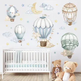 wondever Wandtattoo Heißluftballon Wolken Mond Wandaufkleber Luftballon Kinder Aquarell Wandsticker Wanddeko für Babyzimmer Kinderzimmer
