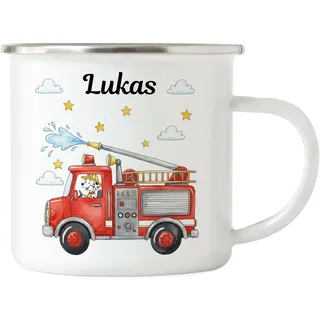 Kiddle-Design Feuerwehr Tasse Kinder Personalisiert mit Name - Kinderbecher für Kindergarten, Kita - Kindertasse mit Feuerwehrauto und Feuerwehrmann als Trinkbecher, Zahnputzbecher - Tasse Schwarz